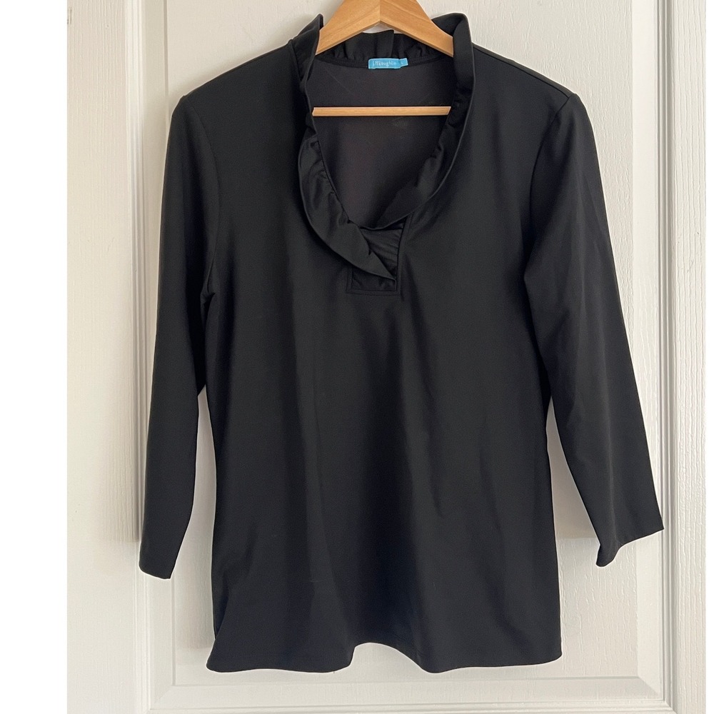 J.McLaughlin Ruffle Neck Top Black 3/4 Sleeve Shirt Quiet Luxury Lagenlook Lare